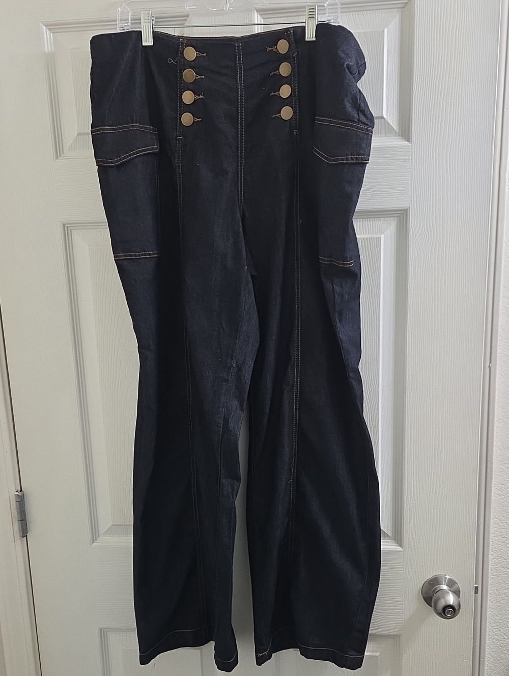Ashley Stewart Dark Rinse High-Waist Wide Leg Pants with Button Detail
